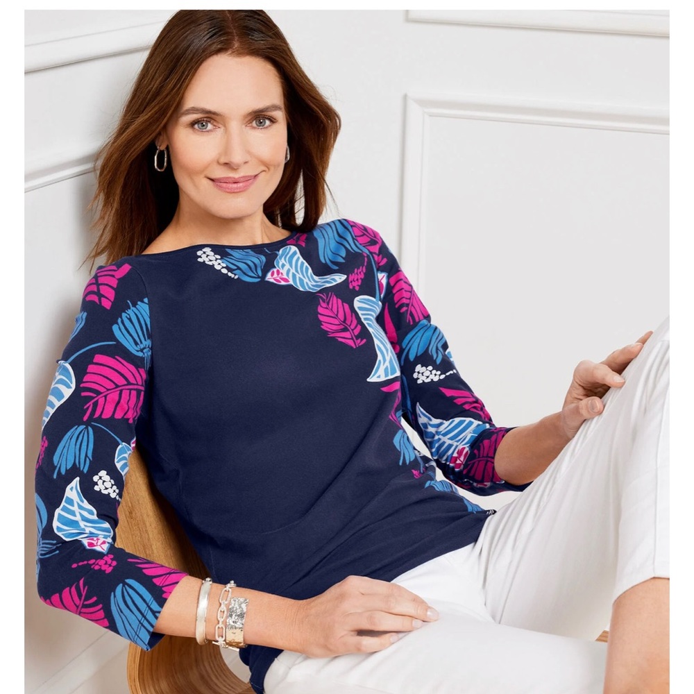Talbots Plus Size BATEAU NECK TEE - COLORBLOCK LEAVES New With Tag